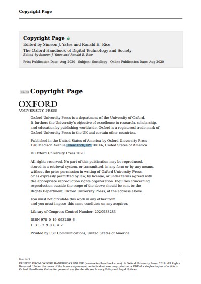 Book cover: The Oxford handbook of digital technology and society.