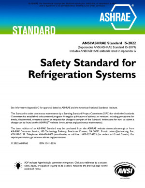 Book cover: ANSI/ASHRAE/IES Standard 15-2019  Safety Standard for Refrigeration Systems (Supersedes ANSI/ASHRAE Standard 15-2016)