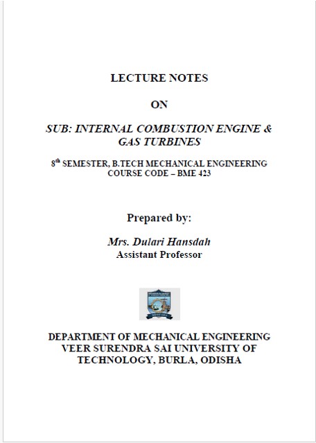 Book cover: Lecture notes  on : sub: internal combustion engine & gas turbines