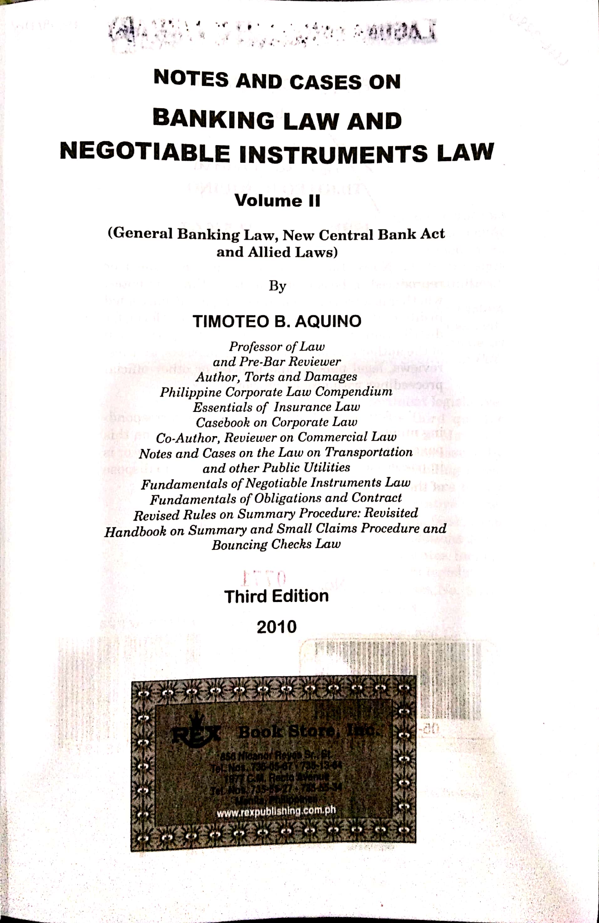 Book cover: Notes and cases on banking law and negotiable instruments law : volume II