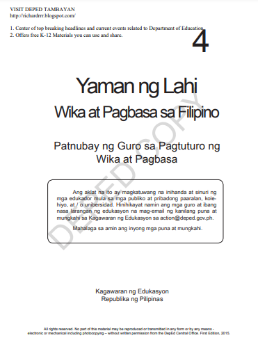 Book cover: Yaman ng lahi wika at pagbasa para sa ikaapat na baitang: patnubay ng guro.