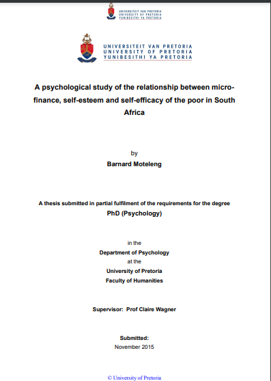 Book cover: A psychological study of the relationship between micro-finance, self-esteem and self-efficacy of the poor in South Africa.