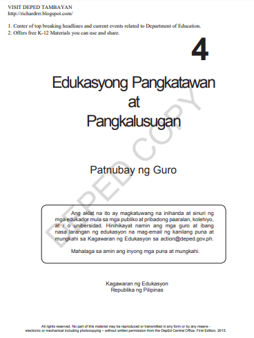 Book cover: Edukasyong pangkatawan at pangkalusugan – ikaapat na baitang: patnubay ng guro.