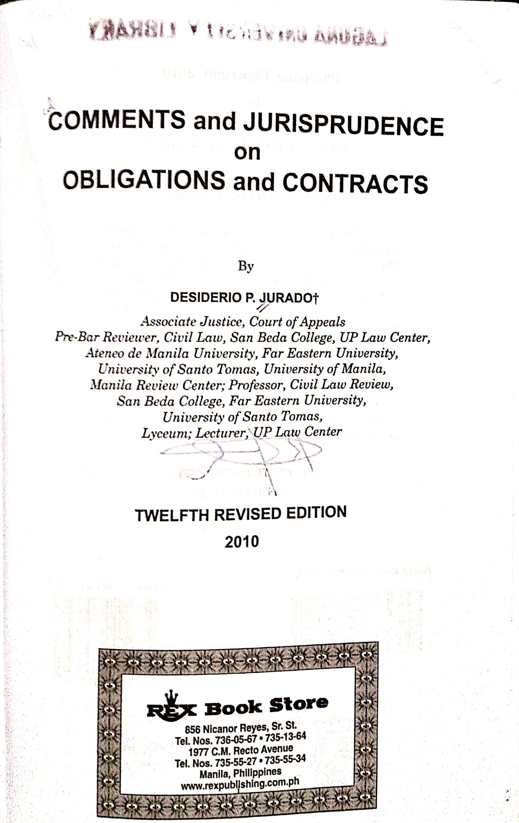 Book cover: Comments and jurisprudence on obligations and contracts.